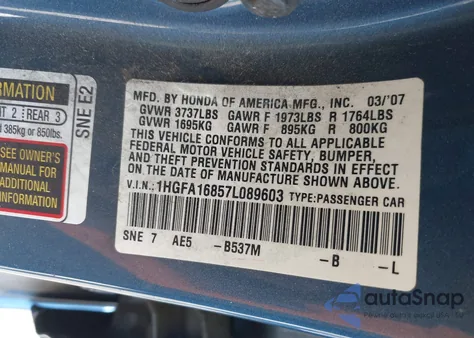 2007 Honda Civic Ex from USA, damaged, VIN 1HGFA16857L089603